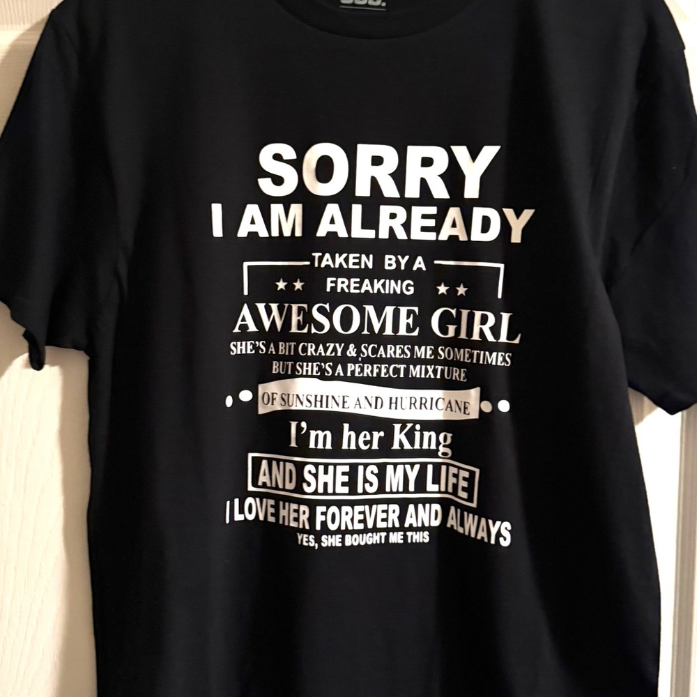 Gildan Black T-Shirt with White and Tan Text - Picture 2 of 3